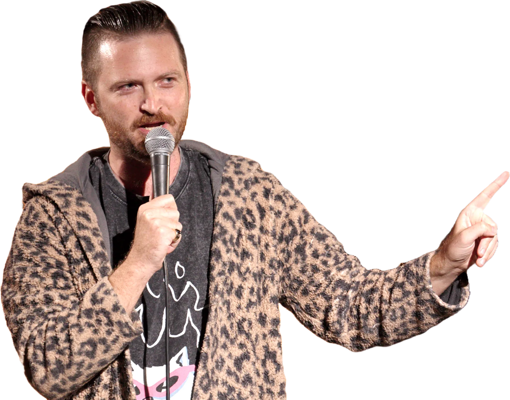 A comedian pointing at our social links