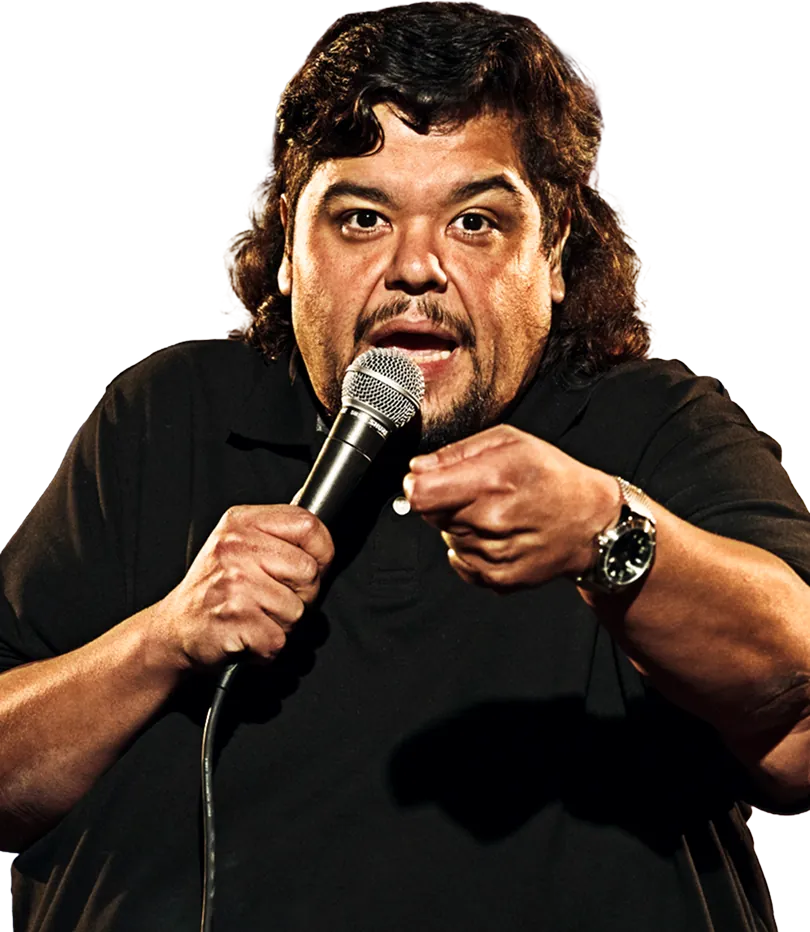A comedian mid-bit with the microphone
